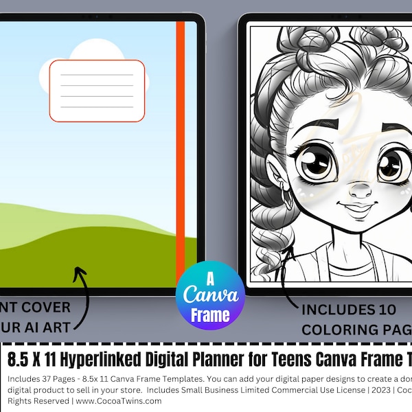 8.5x11 - Hyperlinked Digital Planner for Teens Canva Frame Template Includes Coloring Pages | Done for You (DFY) | Commercial Use License