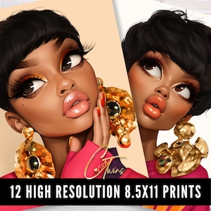 Puede incluir: Dos ilustraciones de una mujer con piel oscura, pelo corto negro y grandes pendientes dorados. Lleva un top rosa y tiene un maquillaje brillante. El texto en la parte inferior dice "12 HIGH RESOLUTION 8.5X11 PRINTS".