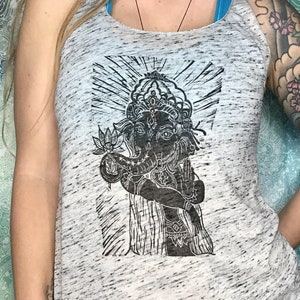 Women’s Racerback Tank, Hand Printed, Ganesh Design, Linocut, Marble Grey, Size Small