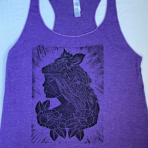 Women’s Racerback Tank, Wolf and Native Woman, Block Print, Linocut, Purple Racerback Tank, Size M & L