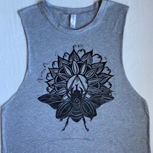Women’s Muscle Tank, Lino Print, Beetle, Mandala Print