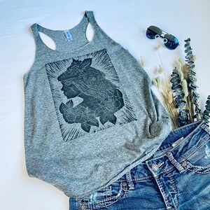 Women’s Racerback Tank, Linocut, Lino Print, Native Woman, Wolf & Roses, Dark Heather Gray Size M.
