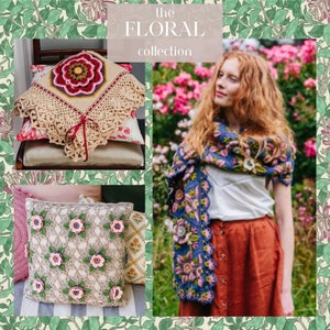May include: A collection of crocheted floral designs, including a shawl, a pillow, and a cushion. The shawl is blue and pink with a floral pattern. The pillow is beige with pink flowers and green leaves. The cushion is beige with a red and yellow floral pattern. The text "the FLORAL collection" is displayed on the image.