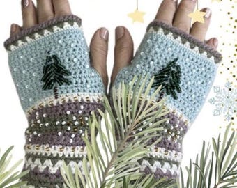 Beaded Pine Winter Mitts Crochet Pattern