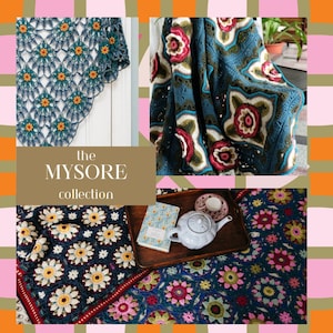 Può includere: La collezione Mysore presenta coperte e uno scialle all'uncinetto in una varietà di colori e motivi. Le coperte presentano motivi floreali e disegni geometrici. Lo scialle è di forma triangolare con un motivo floreale.