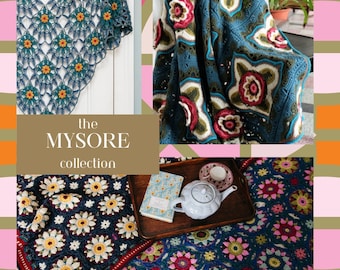 May include: The Mysore collection features crochet blankets and a shawl in a variety of colours and patterns. The blankets feature floral motifs and geometric designs. The shawl is a triangular shape with a floral pattern.