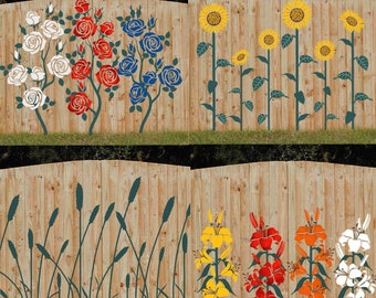 Fence/Wall Stencils - Lovestencil -  Garden flowers Roses Sunflowers lilly Wild grass