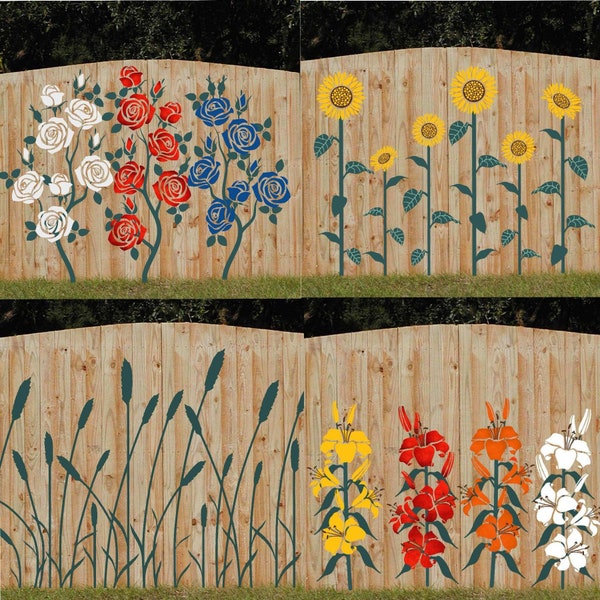 Zaun/Wand Schablonen - Lovestencil - Garten Blumen Rosen Sonnenblumen Lilie Wildgras