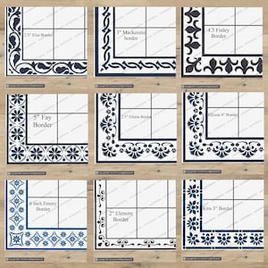 Könnte beinhalten: Neun verschiedene Fliesenbordüren-Schablonen mit verschiedenen Designs und Größen. Die Schablonen sind schwarzweiß und zeigen florale, geometrische und abstrakte Muster. Die Schablonen sind mit dem Namen des Designs und der Größe in Zoll beschriftet.