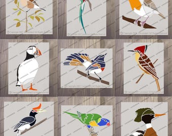 Könnte beinhalten: Neun Vogelschablonen in verschiedenen Posen und Farben. Die Schablonen umfassen einen Papageitaucher, ein Rotkehlchen und andere Vögel, die auf Ästen sitzen. Jede Schablone befindet sich auf einem hellgrauen Hintergrund mit dem Text "LOVESTENCIL" und Urheberrechtsinformationen.