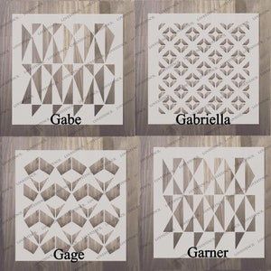 May include: Four different stencil designs on a wood background. The stencils are for the names Gabe, Gabriella, Gage, and Garner. Each stencil features a geometric pattern.
