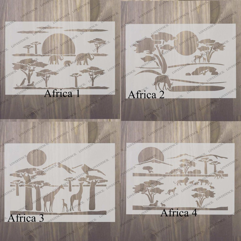 Peut inclure: Quatre motifs de pochoirs diff&eacute;rents repr&eacute;sentant la faune africaine, notamment des &eacute;l&eacute;phants, des girafes, des lions et des z&egrave;bres. Chaque pochoir est intitul&eacute; "Afrique" et porte un num&eacute;ro de 1 &agrave; 4.