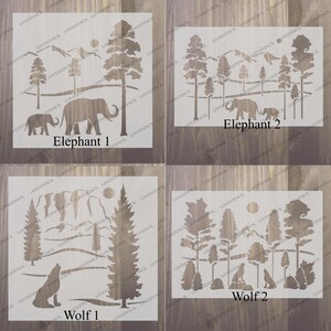 Peut inclure: Quatre mod&egrave;les de pochoirs pour des projets d'artisanat. Les pochoirs repr&eacute;sentent un loup hurlant &agrave; la lune, un loup hurlant dans une for&ecirc;t, un &eacute;l&eacute;phant avec un b&eacute;b&eacute; &eacute;l&eacute;phant et un &eacute;l&eacute;phant avec un b&eacute;b&eacute; &eacute;l&eacute;phant dans une for&ecirc;t.