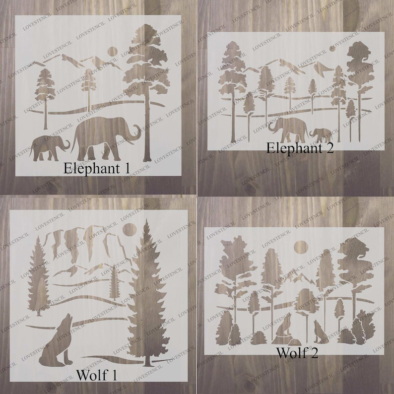 Peut inclure: Quatre mod&egrave;les de pochoirs pour des projets d'artisanat. Les pochoirs repr&eacute;sentent un loup hurlant &agrave; la lune, un loup hurlant dans une for&ecirc;t, un &eacute;l&eacute;phant avec un b&eacute;b&eacute; &eacute;l&eacute;phant et un &eacute;l&eacute;phant avec un b&eacute;b&eacute; &eacute;l&eacute;phant dans une for&ecirc;t.