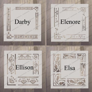 May include: Four different stencil designs for home decor projects. Each design features a unique border and corner pattern, with the names Darby, Elenore, Ellison, and Elsa written in the center.