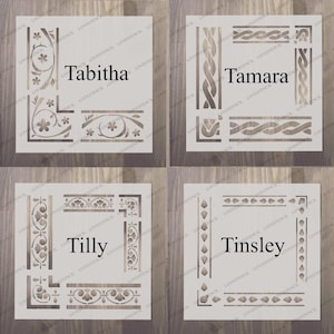 May include: Four white stencil sheets with different designs and names: Tabitha, Tamara, Tilly, and Tinsley. The stencils are on a woodgrain background.