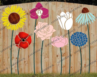 X- Lrg Fence/Wall Stencils - Lovestencil - Garden flowers Heads Pink Cornflower/Hydrangea/Orchid/Peonies/Poppies/Roses/Sunflowers/Tulips