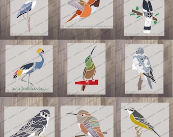 Könnte beinhalten: Neun Vogelschablonen in verschiedenen Posen und Farben, darunter ein Reiher, ein Kolibri und ein Paradiesvogel. Jeder Vogel ist auf einem hellgrauen Hintergrund dargestellt, mit den Worten "LOVESTENCIL" und Copyright-Informationen.