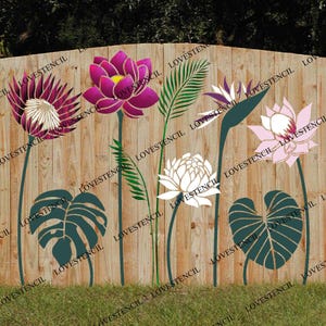 X- Lrg Fence/Wall Stencils - Lovestencil - Tropical Garden flowers Elephant Ear/Monstera/Bird Of Paradise/Lotus Flower/Protea Flower Heads