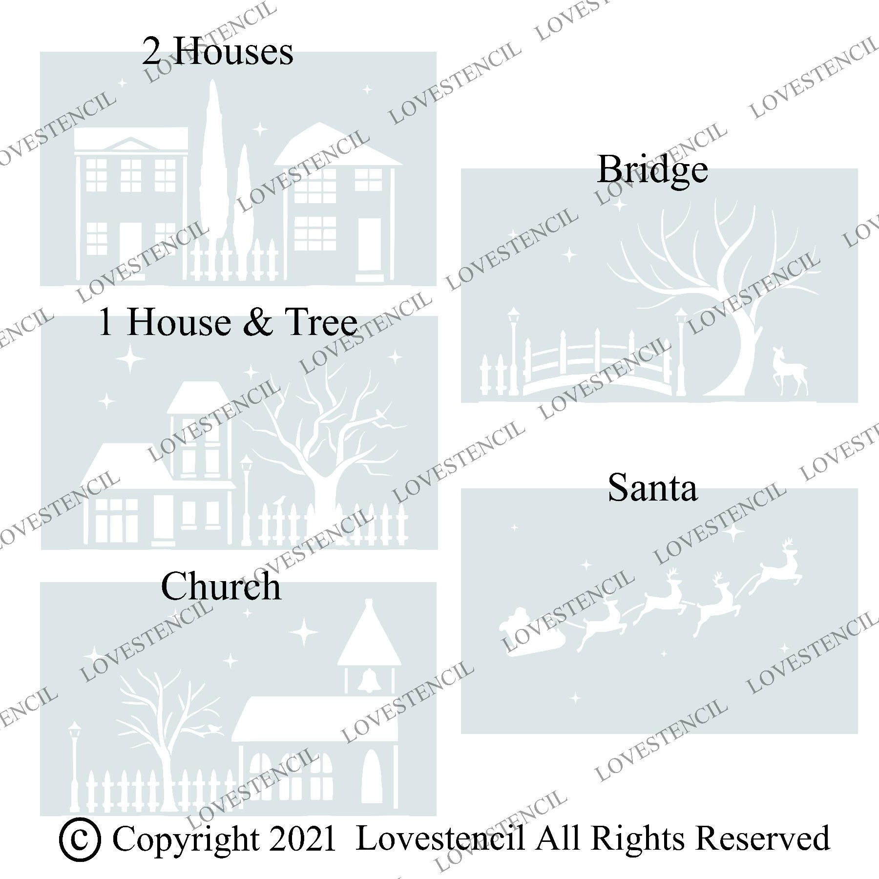 LrgSet Christmas Village Window Stencil-Lovestencil-For Use With Snow Spray  Set3
