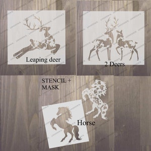 Peut inclure: Trois motifs de pochoirs blancs sur un fond en bois. Les motifs sont un cerf bondissant, deux cerfs debout c&ocirc;te &agrave; c&ocirc;te et un cheval. Le texte "Leaping deer", "2 Deers" et "Horse" se trouve sous chaque motif. Le texte "Stencil + Mask" est au centre de l'image.