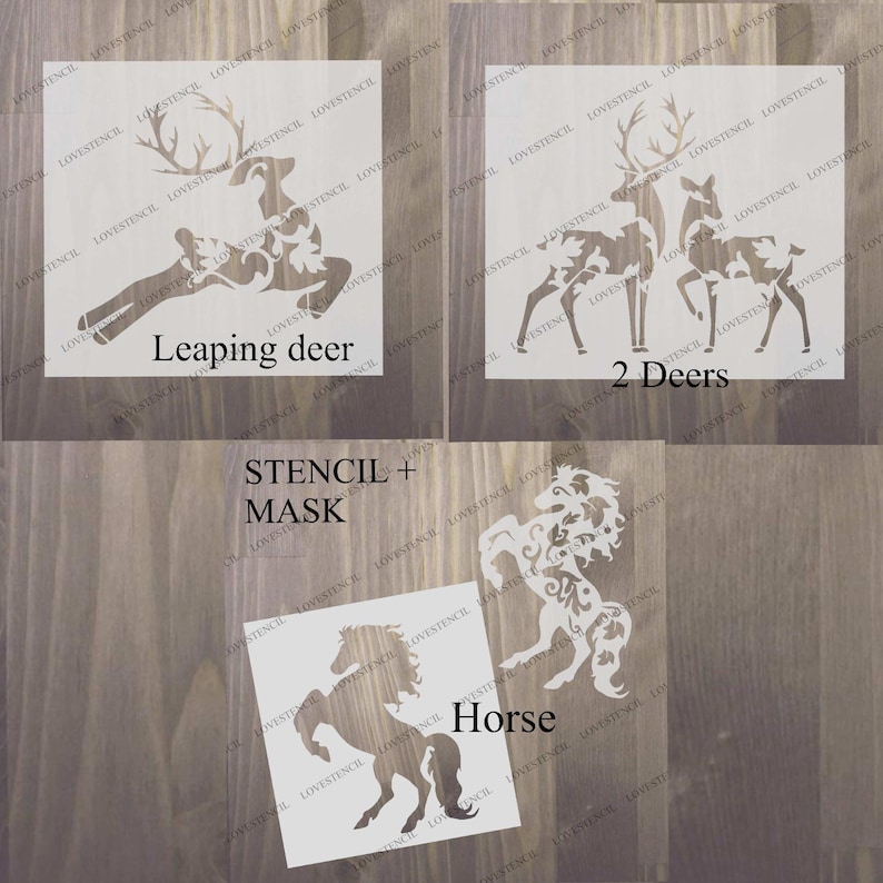 Peut inclure: Trois motifs de pochoirs blancs sur un fond en bois. Les motifs sont un cerf bondissant, deux cerfs debout c&ocirc;te &agrave; c&ocirc;te et un cheval. Le texte "Leaping deer", "2 Deers" et "Horse" se trouve sous chaque motif. Le texte "Stencil + Mask" est au centre de l'image.