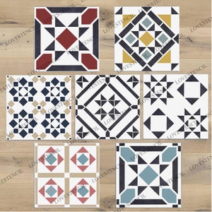 Könnte beinhalten: Neun geometrische Fliesen-Schablonen in Schwarz und Weiß. Die Schablonen zeigen eine Vielzahl von Mustern, darunter Quadrate, Dreiecke und Sterne. Die Schablonen sind perfekt, um in Ihrem Zuhause einen einzigartigen und stilvollen Look zu kreieren.