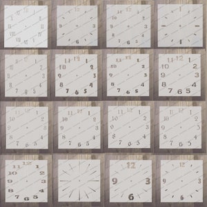 May include: A set of 16 clock face stencils, each with a different design. The stencils are made of white material and are ideal for creating custom clocks.