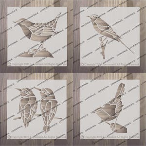 May include: Four bird stencils. Each stencil is a white cutout on a square background with a wood grain effect. The birds are shown in different poses, perched on branches or rocks. The stencils are labelled with the text "LOVESTENCIL" and copyright information.