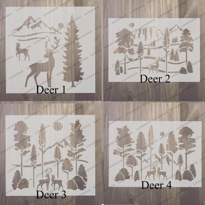 Peut inclure: Quatre mod&egrave;les de pochoirs diff&eacute;rents repr&eacute;sentant un cerf dans un d&eacute;cor de for&ecirc;t. Chaque mod&egrave;le comprend un cerf, des arbres et d'autres &eacute;l&eacute;ments de la for&ecirc;t. Les pochoirs sont &eacute;tiquet&eacute;s "Cerf 1", "Cerf 2", "Cerf 3" et "Cerf 4".