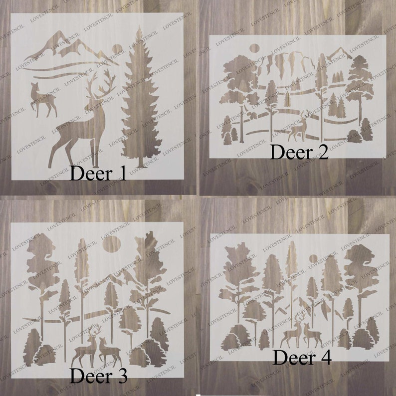 Peut inclure: Quatre mod&egrave;les de pochoirs diff&eacute;rents repr&eacute;sentant un cerf dans un d&eacute;cor de for&ecirc;t. Chaque mod&egrave;le comprend un cerf, des arbres et d'autres &eacute;l&eacute;ments de la for&ecirc;t. Les pochoirs sont &eacute;tiquet&eacute;s "Cerf 1", "Cerf 2", "Cerf 3" et "Cerf 4".
