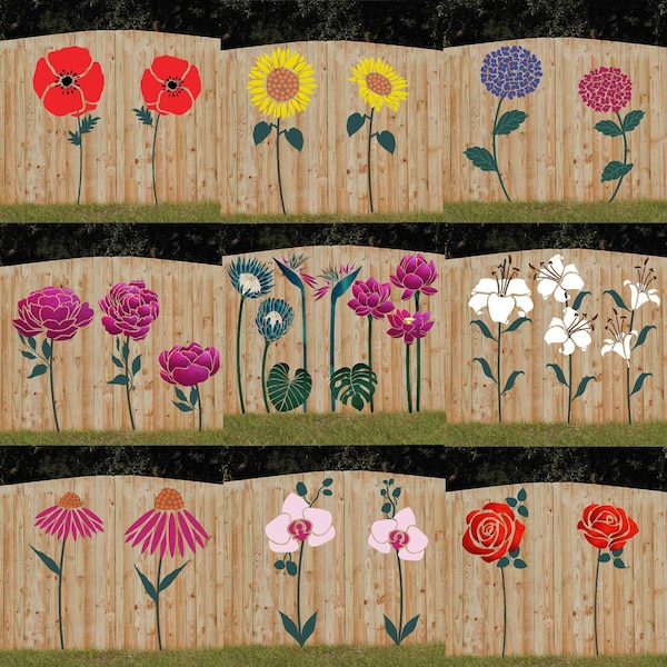 X- Lrg Fence/Wall Stencils - Lovestencil - Garden flowers Heads Pink Cornflower/Hydrangea/Lilly/Orchid/Peonies/Poppies/Roses/Sunflowers