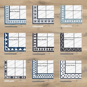 May include: Nine different tile border designs in black, white, and blue. Each design has a different pattern and is labelled with a name. The designs are arranged in a grid of three rows and three columns.
