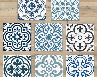 May include: Set of six blue and white tile stencils with intricate geometric patterns. The stencils are made of durable plastic and are reusable.