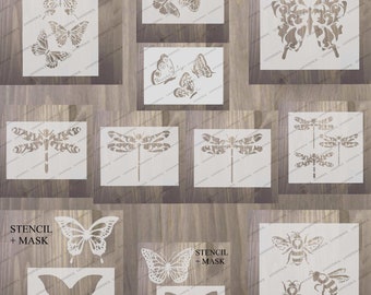 Butterfly dragonfly Bee stencils. Large.