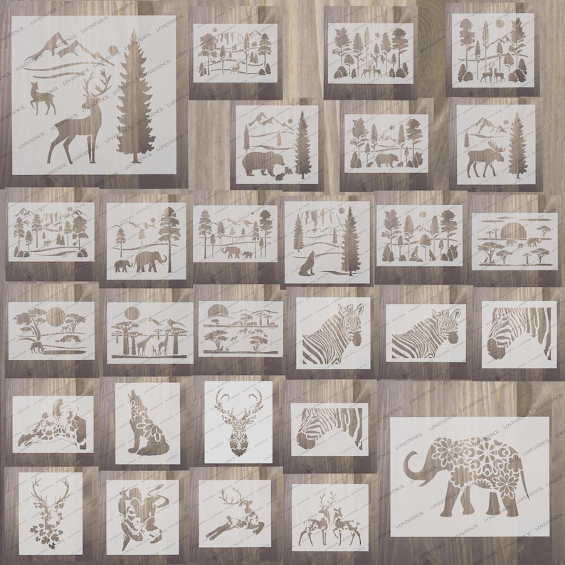 Peut inclure: Un ensemble de 25 pochoirs r&eacute;utilisables pr&eacute;sentant divers motifs d'animaux et de nature. Les pochoirs sont en plastique durable et sont parfaits pour cr&eacute;er des &oelig;uvres d'art uniques sur les murs, les meubles et autres surfaces.
