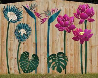 X- Lrg Fence/Wall Stencils - Lovestencil - Tropical Garden flowers Elephant Ear/Monstera/Bird Of Paradise/Lotus Flower/Protea Flower