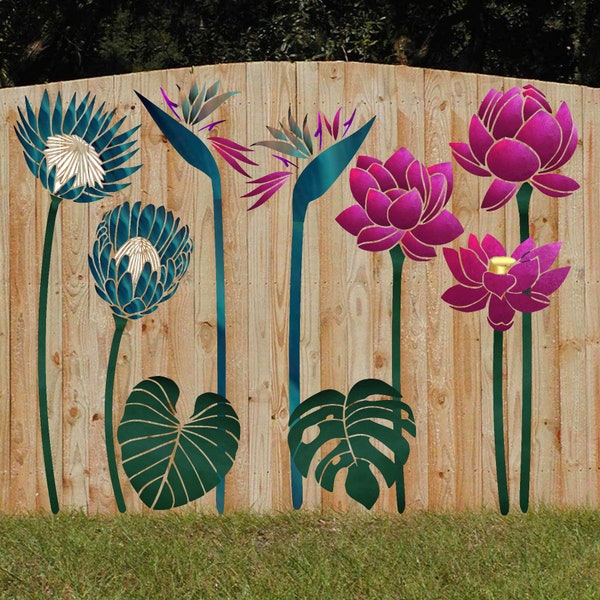 X- Lrg Fence/Wall Stencils - Lovestencil - Tropical Garden flowers Elephant Ear/Monstera/Bird Of Paradise/Lotus Flower/Protea Flower