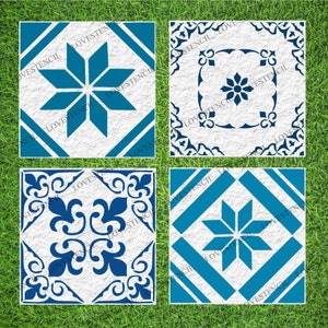 May include: Four white ceramic tiles with blue geometric patterns. The patterns include a star, a flower, a swirl, and a diamond shape.