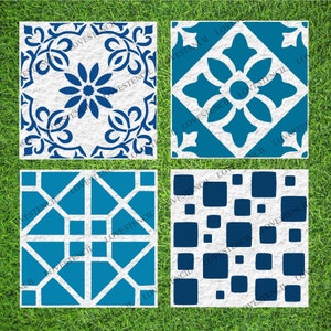 May include: Four different tile stencils, each with a unique design. The stencils are made of a white material and feature blue designs. The designs include a floral pattern, a geometric pattern, a square pattern, and a pattern of small squares.