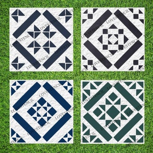 May include: Four square tile stencils with geometric patterns. The stencils are black, navy blue, and teal green on a white background. The stencils are arranged in a 2x2 grid.