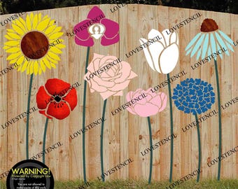 X- Lrg Fence/Wall Stencils - Lovestencil - Garden flowers Heads Pink Cornflower/Hydrangea/Orchid/Peonies/Poppies/Roses/Sunflowers/Tulips
