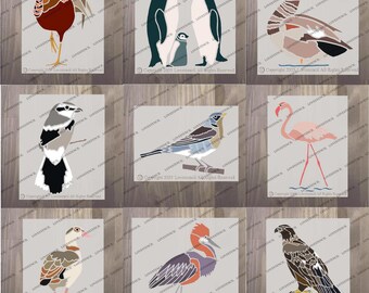 Könnte beinhalten: Neun Vogelillustrationen auf hellgrauem Hintergrund. Die Vögel umfassen einen Hahn, Pinguine, eine Ente, eine Elster, einen Blaumeise, einen Flamingo, eine Ente, einen Reiher und einen Adler. Jeder Vogel ist in einem stilisierten, grafischen Design dargestellt.