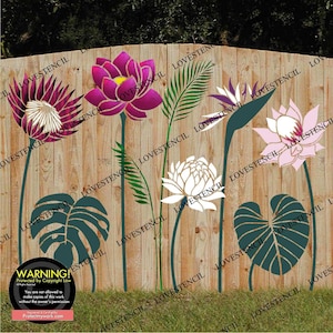 X- Lrg Fence/Wall Stencils - Lovestencil - Tropical Garden flowers Elephant Ear/Monstera/Bird Of Paradise/Lotus Flower/Protea Flower Heads