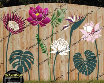 X- Lrg Fence/Wall Stencils - Lovestencil - Tropical Garden flowers Elephant Ear/Monstera/Bird Of Paradise/Lotus Flower/Protea Flower Heads