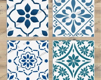 May include: Four square tile stencils with different blue and white geometric patterns. The stencils are made of a durable material and are reusable.