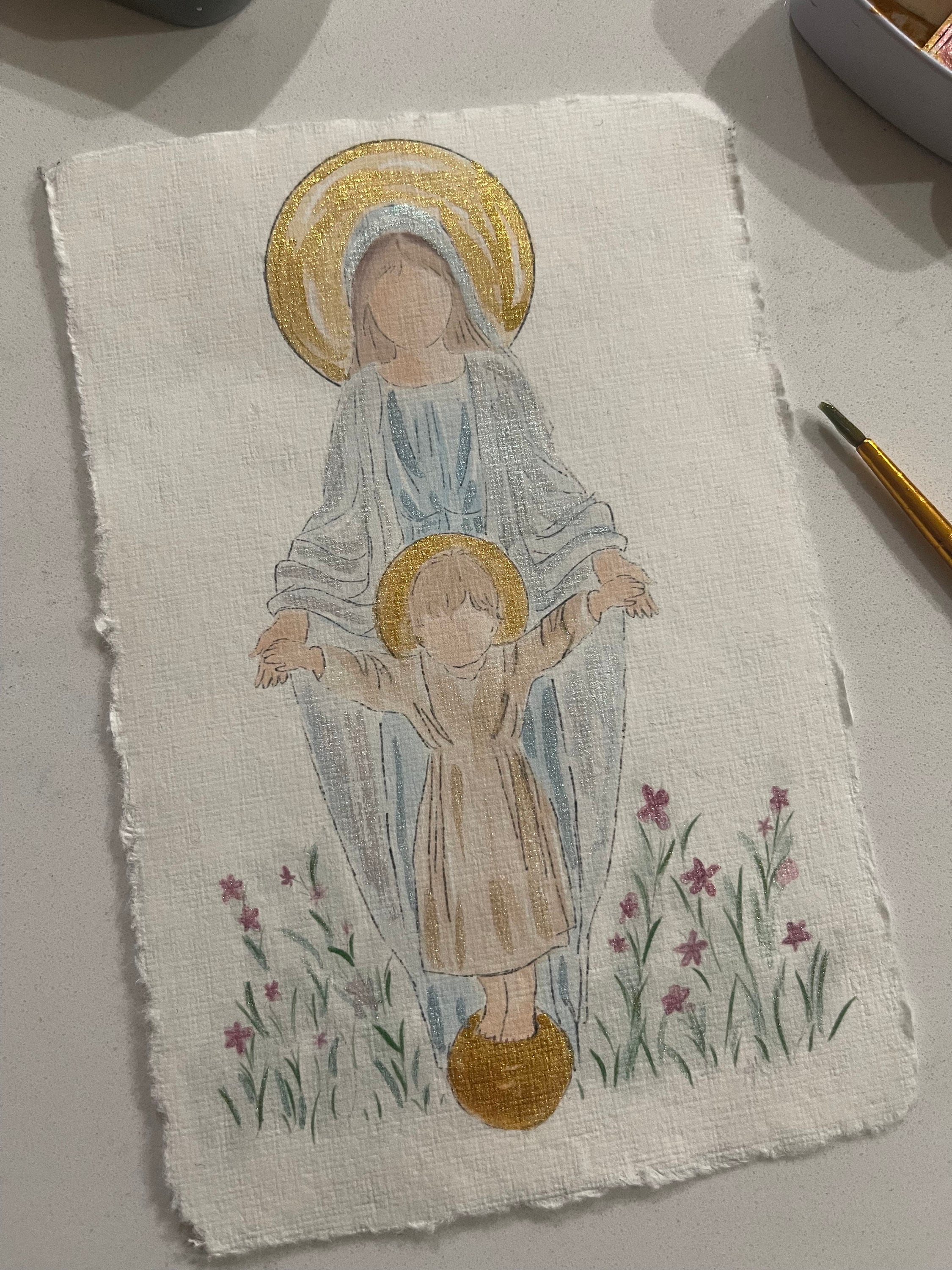 Mary w toddler Jesus watercolor art.