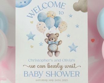 Printed Blue Bear Balloon Baby Shower Welcome Sign, We Can Bearly Wait Baby Shower Sign Poster, Custom Names Date Baby Boy Shower Sign Board
