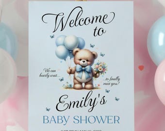 Printed Blue Bear Balloon Baby Shower Welcome Sign, We Can Bearly Wait Baby Shower Sign Poster, Custom Name Baby Boy Shower Entrance Sign