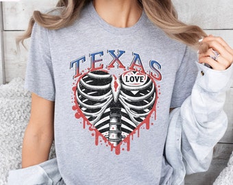 Love Texas Shirt, Heart Rib Cage T Shirt, Texas Patriot Tshirt, Gift for Texan, Texas Skeleton T-Shirt, Texas Home State Pride, Texas Lover